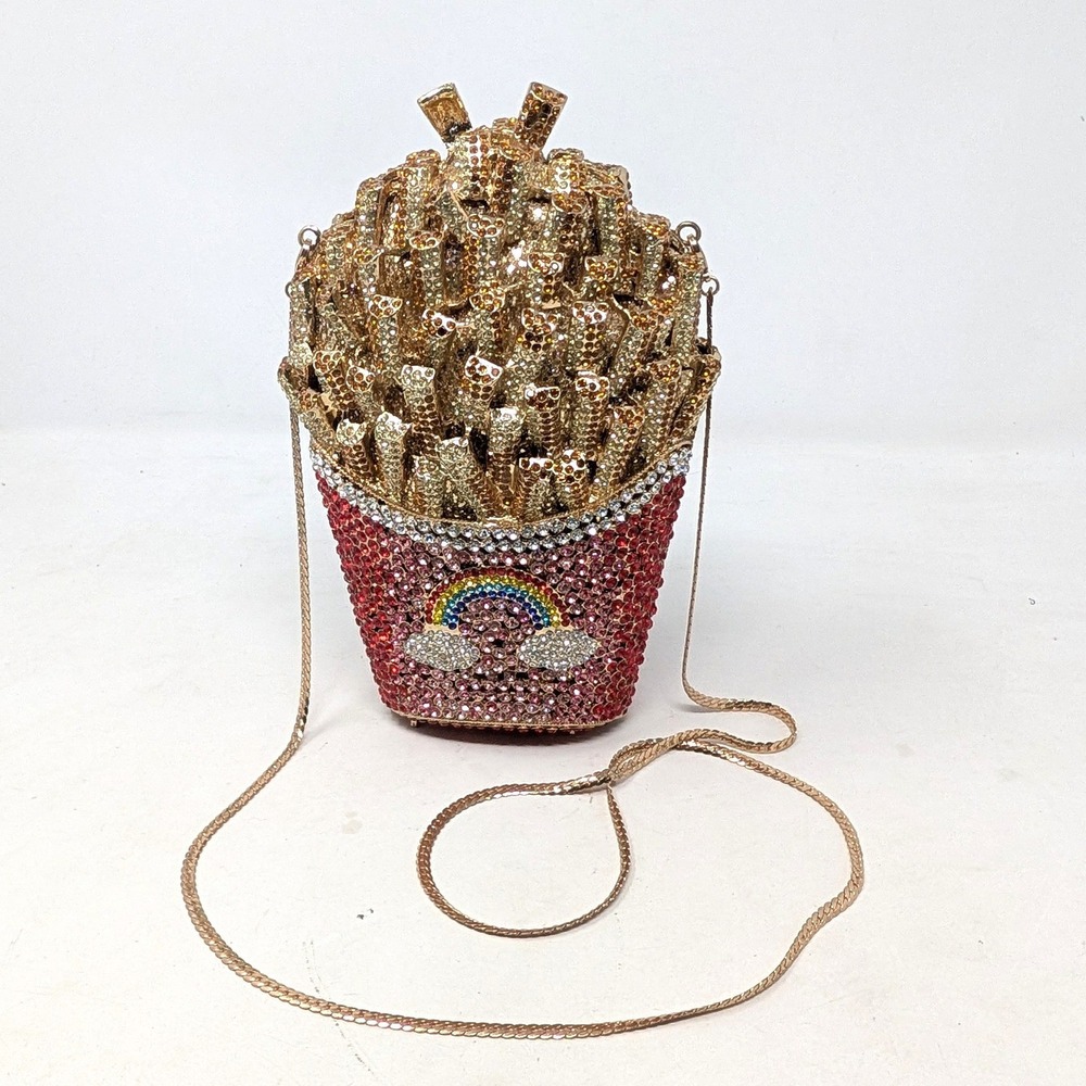 Mossmon French Fries Crystal Clutch Rainbow Novelty Evening Bag Gold Red Pink